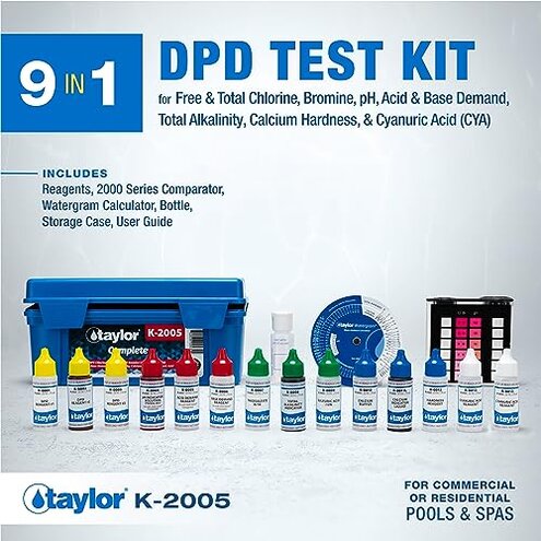 Taylor K2005 High Range Swimming Pool Total and Free Chlorine Bromine Alkalinity Calcium Hardness Base and Acid Demand pH DP Test Kit