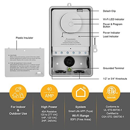 SURAIELEC WiFi Pool Timer, 40 AMP, 1HP 120V, 2HP 240V, Outdoor Indoor Smart Switch, Heavy Duty Pool Controller Light Timer Box for Pump, Water Heater, Spa, Powerful Electrical Appliances