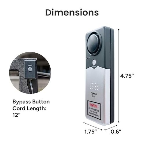 Techko S189 Ultra Slim Safe Pool Alarm for Kids, ETL Listed UL 2017 Compliant, Indoor/Outdor Weather Resistant, 110db Loud Alarm with 2X Bypass Buttons, Gray, 1Count