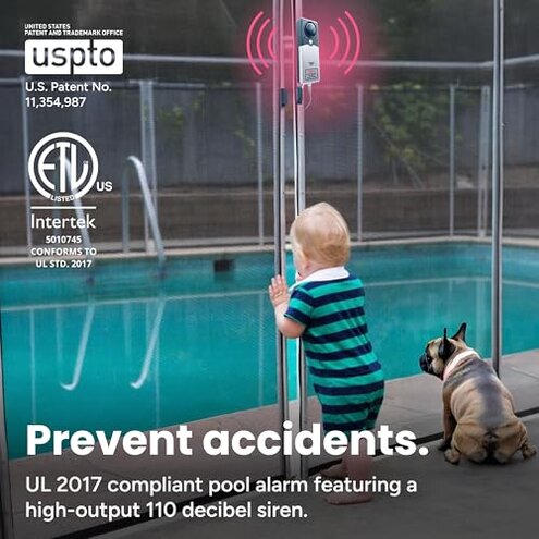 Techko S189 Ultra Slim Safe Pool Alarm for Kids, ETL Listed UL 2017 Compliant, Indoor/Outdor Weather Resistant, 110db Loud Alarm with 2X Bypass Buttons, Gray, 1Count