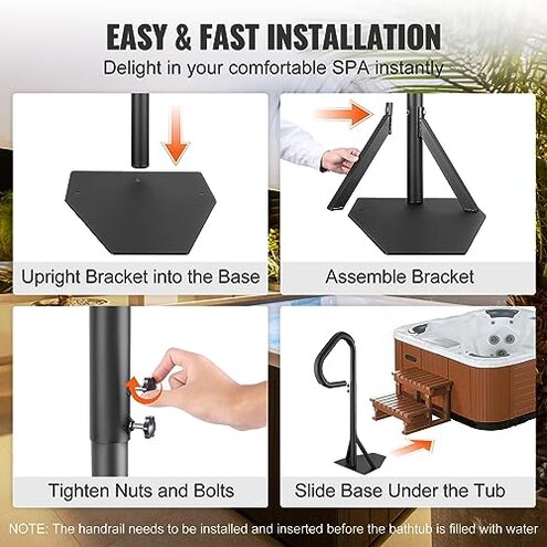 VEVOR Hot Tub Handrail, 360 Rotatable Spa Side Handrail with 35"-57" Adjustable Height, Rust-proof Aluminum Spa Step Hot Tub Hand Rail with Slide-Under Mount Base for Indoor & Outdoor, 600LBS Capacity