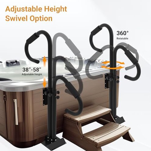 Neorexon Two-Way Hot Tub Handrails, 38"-58" Adjustable Height SPA Handrail w/360 Swivel Option, Hot Tub Railing to Get in and Out, 600LBS SPA Side Handrail w/Slide Under Mount Base for Indoor&Outdoor