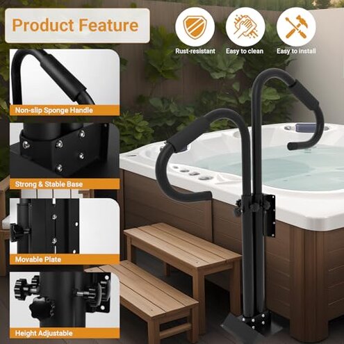 Neorexon Two-Way Hot Tub Handrails, 38"-58" Adjustable Height SPA Handrail w/360 Swivel Option, Hot Tub Railing to Get in and Out, 600LBS SPA Side Handrail w/Slide Under Mount Base for Indoor&Outdoor
