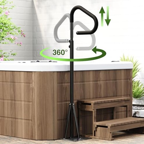 55''-62'' Hot Tub Handrail Side Safety Rail &ndash; 360&deg; Swivel Spa Grab Bar, Heavy-Duty Powder-Coated Steel Assist Handle with Anti-Slip Foam Grip, Fits Most Hot Tubs, Swim Spas & Pools, 600LBS Capacity