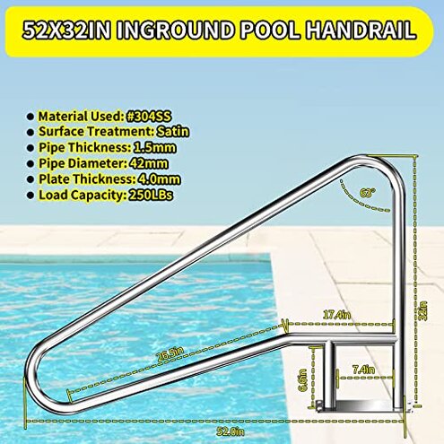 52x32 Inground Pool Rail, Rustproof #304SS Swimming Pool Stair handrail with no-Slip Cover, mounting Base & Accessories.