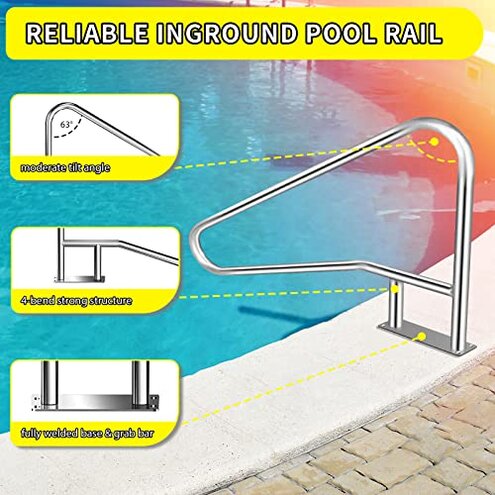 52x32 Inground Pool Rail, Rustproof #304SS Swimming Pool Stair handrail with no-Slip Cover, mounting Base & Accessories.