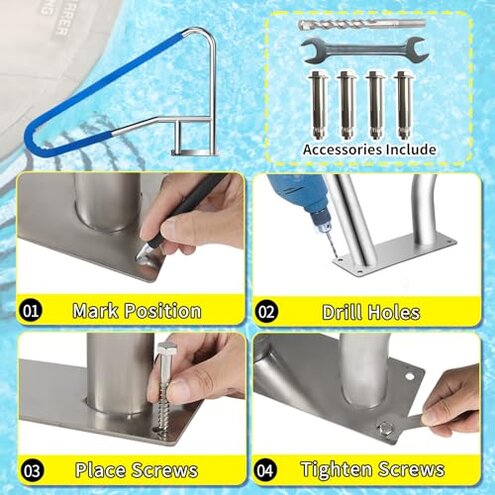 52x32 Inground Pool Rail, Rustproof #304SS Swimming Pool Stair handrail with no-Slip Cover, mounting Base & Accessories.