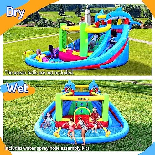 Causeair Inflatable Bounce House with Slide,Dolphin Styling,Splashing Pool,Double Water Cannon,Climbing Wall,Heavy Duty GFCI Blower,Inflatable Water Park Slide for Kids Backyard Summer