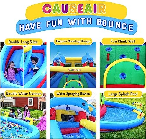 Causeair Inflatable Bounce House with Slide,Dolphin Styling,Splashing Pool,Double Water Cannon,Climbing Wall,Heavy Duty GFCI Blower,Inflatable Water Park Slide for Kids Backyard Summer