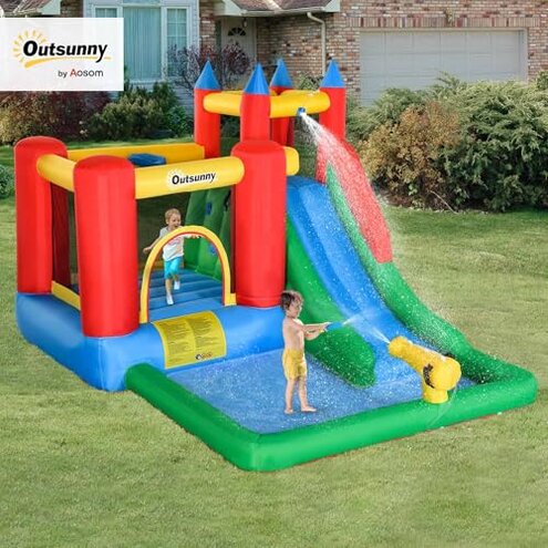 Outsunny 6-in-1 Kids Bounce House Inflatable Water Slide with Pool, Water Cannon, Climbing Wall, Inflator Included, Jumping Castle Kids Backyard Activity Outdoor Water Play Toy