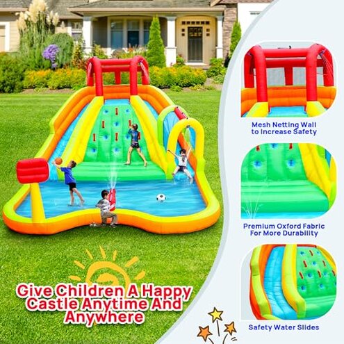 WELLFUNTIME Inflatable Water Double Slides Park, Bounce House with Arched Water Gun Spray, Jumping Castle with Air Blower