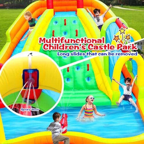 WELLFUNTIME Inflatable Water Double Slides Park, Bounce House with Arched Water Gun Spray, Jumping Castle with Air Blower