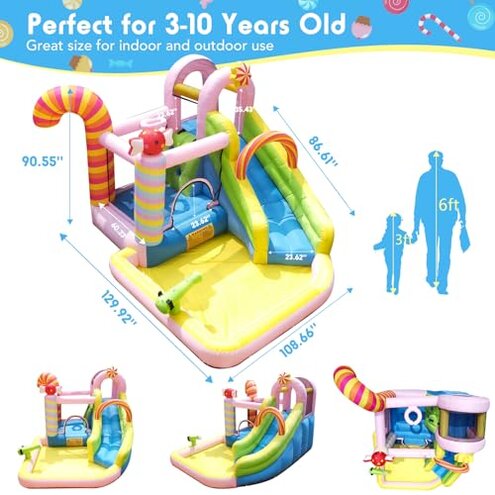NBSPORT Inflatable Bounce House Water Slide, 6 in 1 Sweet Candy Water Park, Wet Dry Combo Bouncy Castle with 450W Blower, Splash Pool, Water Slide for Kids and Adults Backyard Party Gifts