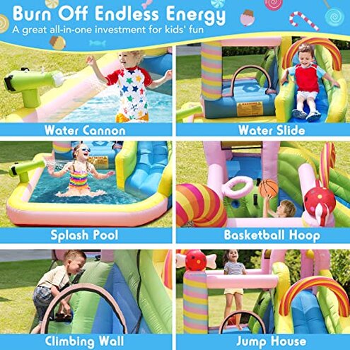 NBSPORT Inflatable Bounce House Water Slide, 6 in 1 Sweet Candy Water Park, Wet Dry Combo Bouncy Castle with 450W Blower, Splash Pool, Water Slide for Kids and Adults Backyard Party Gifts