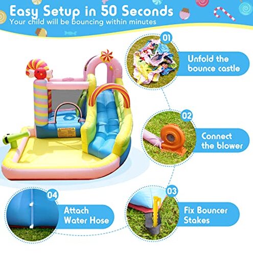 NBSPORT Inflatable Bounce House Water Slide, 6 in 1 Sweet Candy Water Park, Wet Dry Combo Bouncy Castle with 450W Blower, Splash Pool, Water Slide for Kids and Adults Backyard Party Gifts