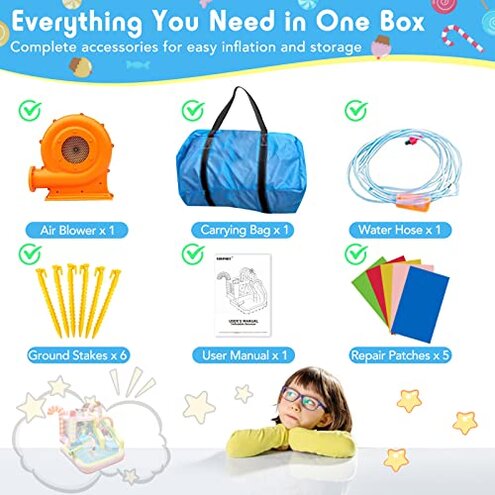 NBSPORT Inflatable Bounce House Water Slide, 6 in 1 Sweet Candy Water Park, Wet Dry Combo Bouncy Castle with 450W Blower, Splash Pool, Water Slide for Kids and Adults Backyard Party Gifts