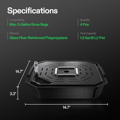 VIVOSUN 4-Pack FlexFeed Self-Watering Pots, Auto Irrigation Fabric Pot Base with Water Meter & Maintenance Window, for Use Indoors/Outdoors in Grow Tents, Greenhouses, Gardens