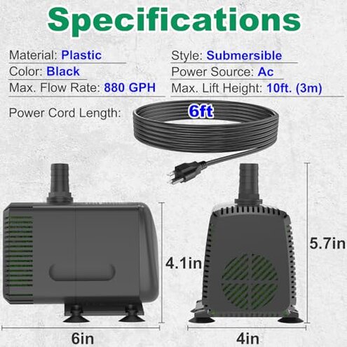 Knifel Submersible Pump 880GPH (3500L/H 60W) Ultra Quiet with Over Heating Protection 10.2ft High Lift for Fountains, Hydroponics, Ponds, Aquariums & More…