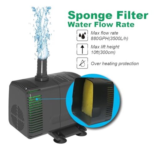 Knifel Submersible Pump 880GPH (3500L/H 60W) Ultra Quiet with Over Heating Protection 10.2ft High Lift for Fountains, Hydroponics, Ponds, Aquariums & More…