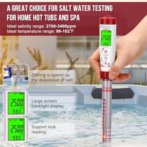 Digital Pool Salt Tester with Long Probe,Salinity Meter for Saltwater Pool,Accurate Salt Test Kit Truncheon Hot Tub,Spa,Freshwater Fish Tank,Koi Pond(0-5000PPM)