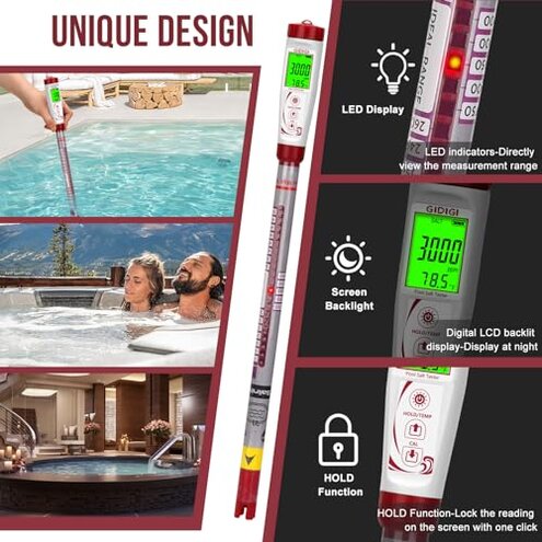 Digital Pool Salt Tester with Long Probe,Salinity Meter for Saltwater Pool,Accurate Salt Test Kit Truncheon Hot Tub,Spa,Freshwater Fish Tank,Koi Pond(0-5000PPM)