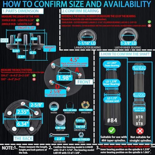 iBroPrat 2 Sets 3500lb Trailer Hub Kit 5 Bolt 4.5, Trailer Axle Kit for 3500 lb 5 Lug Diameter 6.34" Trailer Hub with L44649(I.D 1-1/16'') L68149(I.D 1-3/8'') Bearing Extra Dust Cap and Rubber Plug