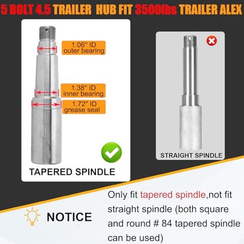Saree 2 Sets 3500Lbs Trailer Hub Kit 5 Bolt 4.5",5 Lug Trailer Hub Fit 1-1/16" to 1-3/8" Trailer Tapered Spindle,Boat Trailer Hubs 5 Lug,Trailer Wheel Hub Kit(Only for Tapered Spindle)