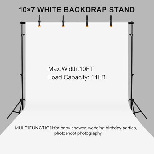 10x7ft Adjustable Photography Backdrop Stand Kit &ndash; Photo Studio Background Support with 4 Crossbars, 4 Clamps, 2 Sandbags, (with 10 * 7 Feet White Backdrop Curtain)