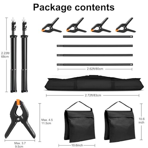 10x7ft Adjustable Photography Backdrop Stand Kit &ndash; Photo Studio Background Support with 4 Crossbars, 4 Clamps, 2 Sandbags, (with 10 * 7 Feet White Backdrop Curtain)