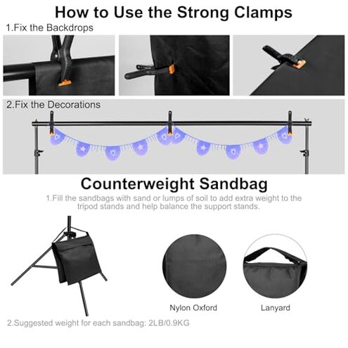 10x7ft Adjustable Photography Backdrop Stand Kit &ndash; Photo Studio Background Support with 4 Crossbars, 4 Clamps, 2 Sandbags, (with 10 * 7 Feet White Backdrop Curtain)