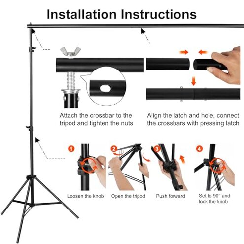 10x7ft Adjustable Photography Backdrop Stand Kit &ndash; Photo Studio Background Support with 4 Crossbars, 4 Clamps, 2 Sandbags, (with 10 * 7 Feet White Backdrop Curtain)