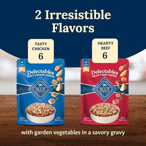 Blue Buffalo Delectables Natural Wet Dog Food Topper Variety Pack, Tasty Chicken, Hearty Beef, Tender Turkey, & Savory Lamb Dinner 3-oz (24 Pack- 6 of Each Flavor)