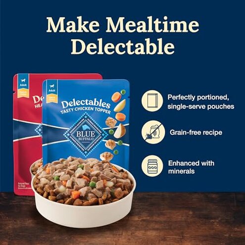 Blue Buffalo Delectables Natural Wet Dog Food Topper Variety Pack, Tasty Chicken, Hearty Beef, Tender Turkey, & Savory Lamb Dinner 3-oz (24 Pack- 6 of Each Flavor)