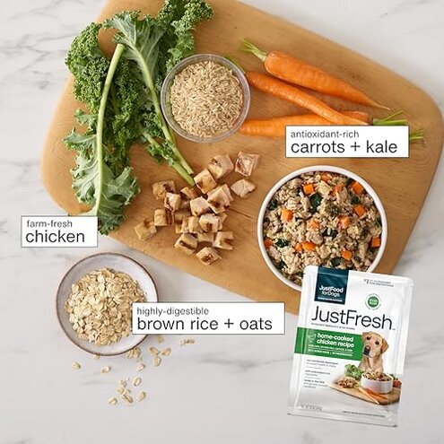 JustFoodForDogs JustFresh Wet Dog Food, Fresh Pet Meals and Toppers with No Preservatives, Resealable Package, Human Grade, Home-Cooked Chicken, 12 oz - 7 Pack