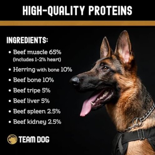 Team Dog Raw Frozen Dog Food | 65% Beef Muscle, Organ Meats, Herring & Green Tripe for Dogs | All Natural Grain Free Dog Food for Optimal Health, Digestion & Coat | 24 x 1lb Rolls