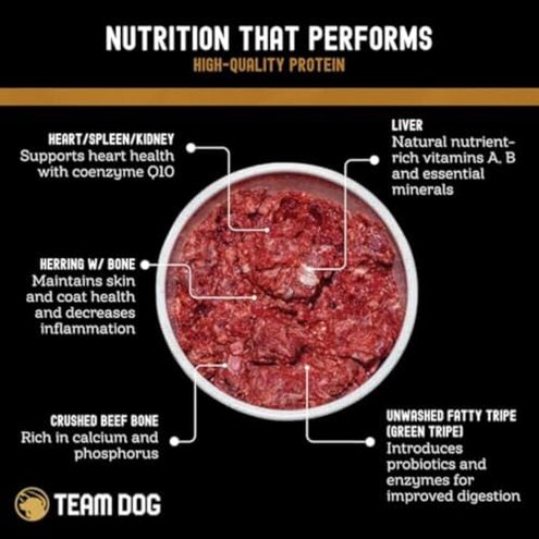Team Dog Raw Frozen Dog Food | 65% Beef Muscle, Organ Meats, Herring & Green Tripe for Dogs | All Natural Grain Free Dog Food for Optimal Health, Digestion & Coat | 24 x 1lb Rolls