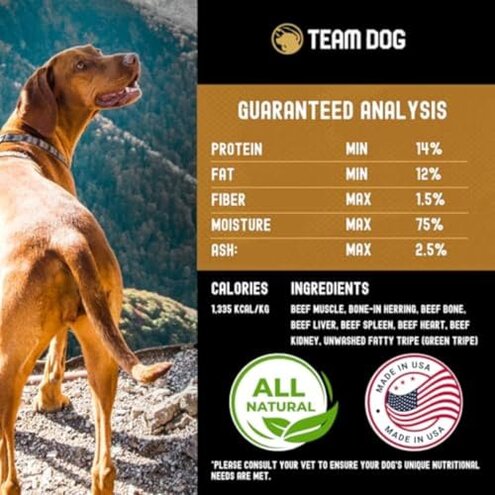 Team Dog Raw Frozen Dog Food | 65% Beef Muscle, Organ Meats, Herring & Green Tripe for Dogs | All Natural Grain Free Dog Food for Optimal Health, Digestion & Coat | 24 x 1lb Rolls