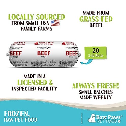 Raw Paws Signature Blend Pet Food for Dogs & Cats - Beef Recipe, 1-lb Rolls (20 Pack) - Fresh Pet Food Made in USA, Grass-Fed Beef, Natural Dog Food Rolls, Raw Frozen Dog Food & Cat Food