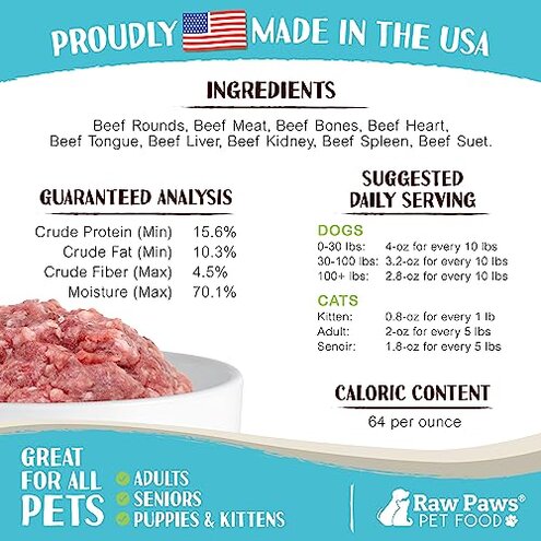 Raw Paws Signature Blend Pet Food for Dogs & Cats - Beef Recipe, 1-lb Rolls (20 Pack) - Fresh Pet Food Made in USA, Grass-Fed Beef, Natural Dog Food Rolls, Raw Frozen Dog Food & Cat Food