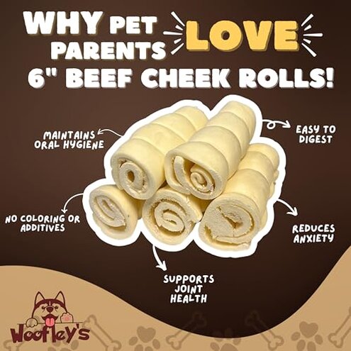 Woofley's 5-6" Buffalo Beef Cheek Roll -(100 Count)- Beef Cheek Rolls for Dogs - Long Lasting Natural Dog Chews