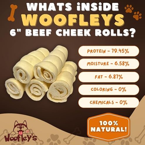 Woofley's 5-6" Buffalo Beef Cheek Roll -(100 Count)- Beef Cheek Rolls for Dogs - Long Lasting Natural Dog Chews