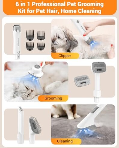 Simple Way Dog Vacuum Grooming Kit for Shedding: Professional Hair Clippers Pet Groomer - Strong Suction Cleaner Deshedding Tool Fur Brush Attachment Trimmer for Home Cat (Cream White)