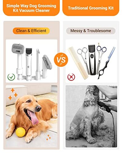 Simple Way Dog Vacuum Grooming Kit for Shedding: Professional Hair Clippers Pet Groomer - Strong Suction Cleaner Deshedding Tool Fur Brush Attachment Trimmer for Home Cat (Cream White)