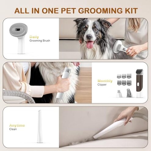 Dog Grooming Vacuum, Dog Grooming Kit with Pet Clipper Nail Grinder, 3 Suction Modes Dog Brush Vacuum with 6 Pet Grooming Tools (Coffee)