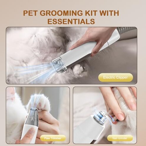 Dog Grooming Vacuum, Dog Grooming Kit with Pet Clipper Nail Grinder, 3 Suction Modes Dog Brush Vacuum with 6 Pet Grooming Tools (Coffee)