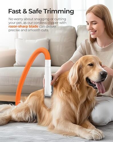 oneisall Dog Vacuum & Dryer for Shedding Grooming, 8 in 1 Dog Grooming Kit with Metal Blade Pet Clippers, Adjustable Speed and Temperature Control Blower