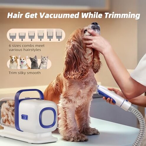 buenkee Dog Grooming Kit with Vacuum, 15000Pa Pet Hair Clipper and Shedding Brush, 50dB Low Noise, 2L Capacity, White