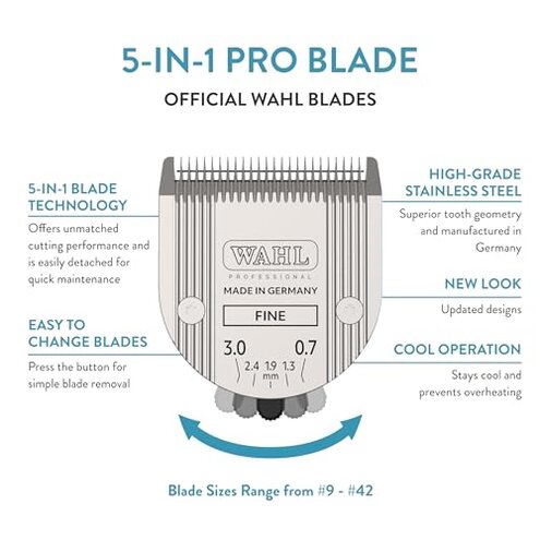 WAHL Professional Animal 5-in-1 Adjustable Blade Arco, Bravura, Chromado, Creativa, Figura, and Motion Pet, Dog, and Horse Clippers - Fine (2179-301)