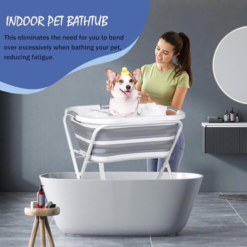 Portable Dog Bath Tub and Dog Washing Station, Collapsible Elevated Pet Tub for Bathing, Showering, Grooming, Pet Bathing Basin for Small to Medium Dogs, Cats and Other Pets (Built-in Drainage System)