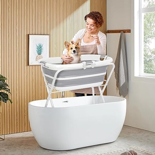 Beberoad 2 in 1 Dog Bath Tub Dog Washing Station for Bathing and Grooming, Elevated Collapsible Foldable Portable Shower Bathtub for Small Dogs Cats Pet, Indoor and Outdoor